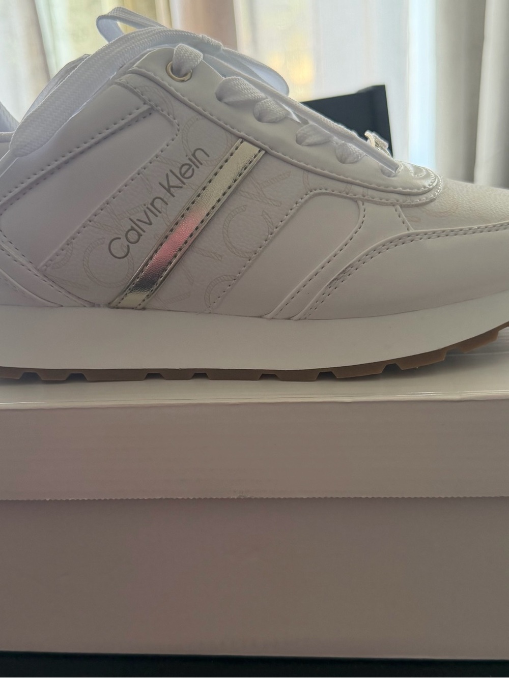 Calvin Klein White Leather Low-Top Sneakers with Silver Trim